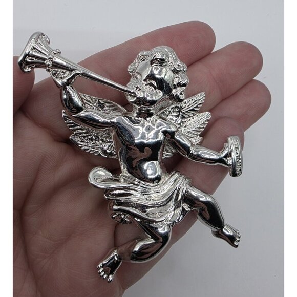 Vtg‎ St. John Cherub Angel Brooch Pin Silver Plated Double Signed 3" Christmas - Picture 12 of 13
